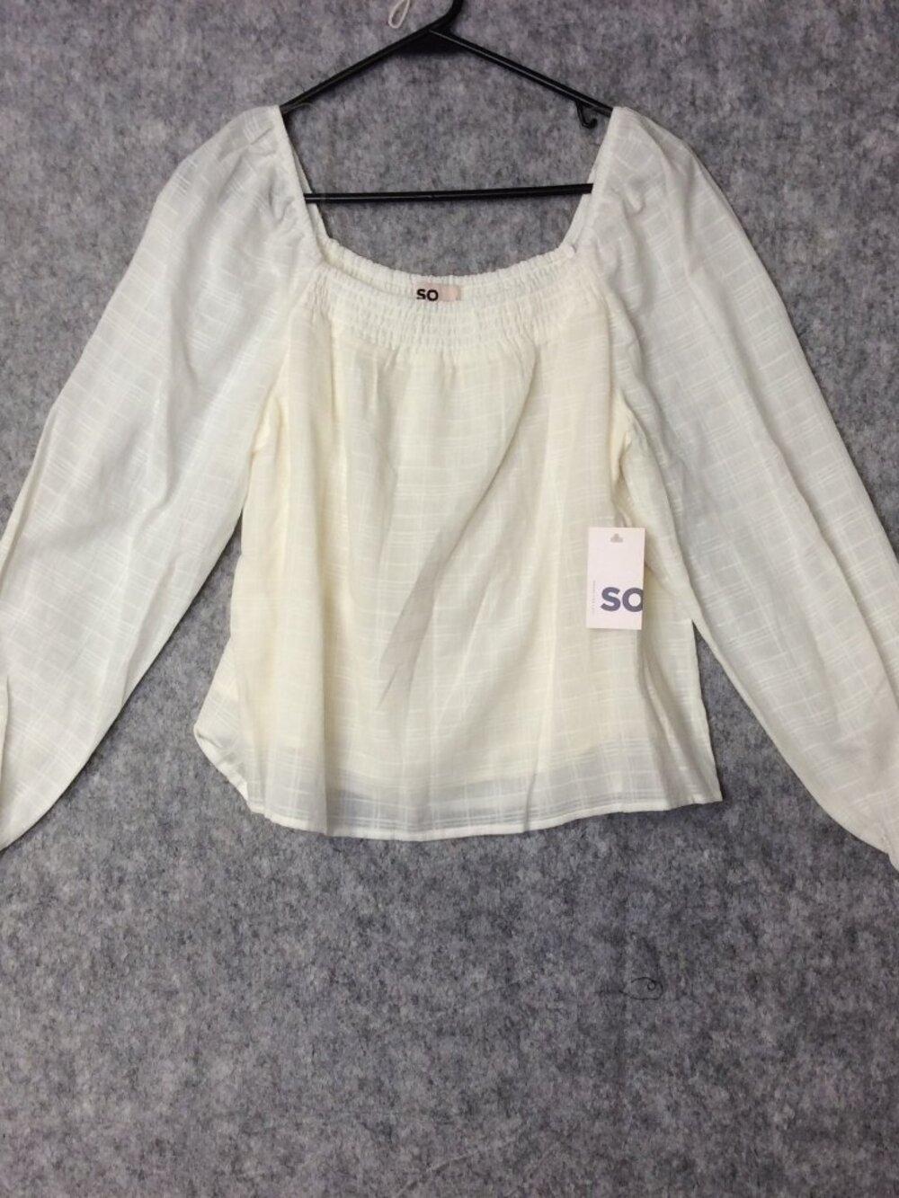 SO Ivory Peasant Blouse Boho Bell Sleeve Ruched Square Neck Women Size L NWT